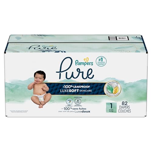 PAMPERS PURE BABY DIAPERS, SIZE 1 (8-14 LBS), 82, UP TO 100% LEAKPROOF, PREMIUM HYPOALLERGENIC SOFT DIAPERS