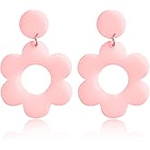 Vintage 60s 70s Big Flower Dangle Earrings Colorful Floral Acrylic Daisy Flower Drop Earring Hawaii Plant Earrings Statement Jewelry for Women