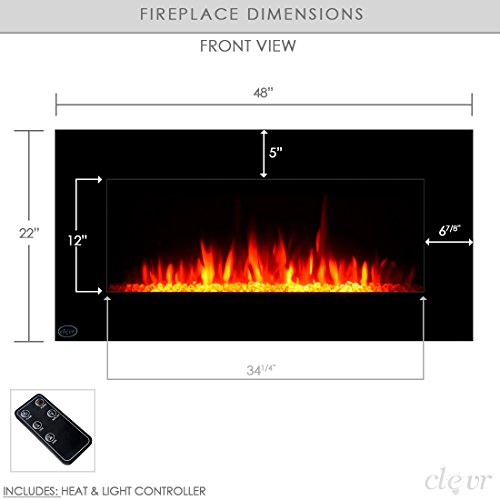 Clevr 48" Adjustable Electric Wall Mount Fireplace Heater, 750-1500W Mordern Black Heat, Decorative Crystals, Adjustable Front and Back Light Color, 48 Inch Wide, On Wall Hanging, 3D Flame Effect