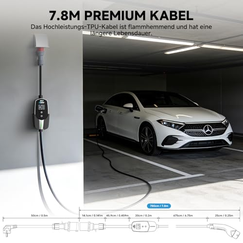 EVDANCE Mobile Wallbox/Charging Station 11 kW [3-Phase|7.8 m|6-16A] Type 2 Charging Cable CEE 16A to Type 2 with Adjustable Charging Power for Electric Car, Silver