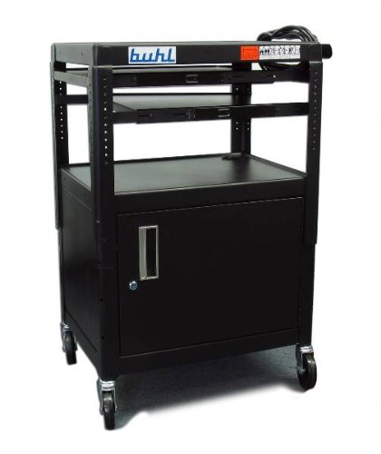 Height Adjustable AV Media Cart with Security Cabinet - Two Pull-out Shelves