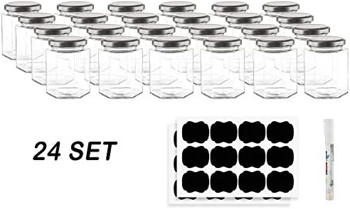 Hexagon Glass Jars by Nellam - 10 OZ, 24 Pack - Includes 48 Chalk Sticker Labels and 2x Chalk Pen. DIY Jars for Canning, Party Favors, Jams, Sauces, Herbs, Spices. (Silver Lid - 24 Pcs)
