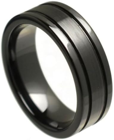 8mm High Polished and Brushed Finish Black Ceramic Multiple Grooved Flat Wedding Band Ring (Sizes 5 to 15) Please E-mail Sizes