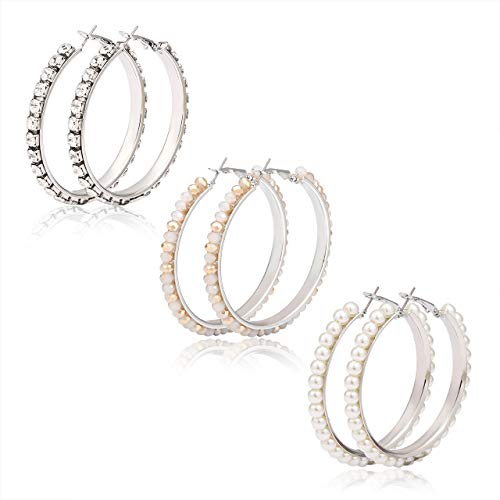 XOCARTIGE 3 Pairs Hoop Earrings Pearl Earring Studs Boho Beaded Hoop Earrings Crystal Drop Dangle Earrings Jewelry Set for Women (B Silver Set)
