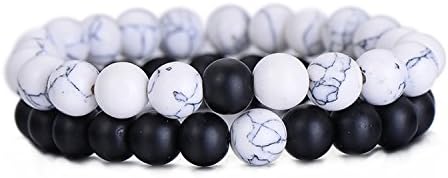 Olive Tayl 2Pcs/Set Couples Distance Bracelet Classic Natural Stone White and Black Yin Yang Beaded Bracelets for Men Women Best Friend Hot