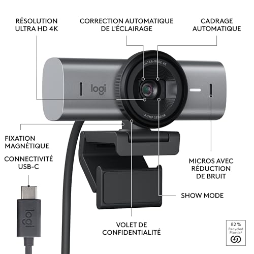 Logitech MX Brio 4K Ultra HD 1080p 60fps Streaming & Collaboration Webcam, 2 Microphones with Noise Reduction, Show Mode, USB-C, Cache for Webcam, Microsoft Teams, Zoom, Google Meet, Graphite