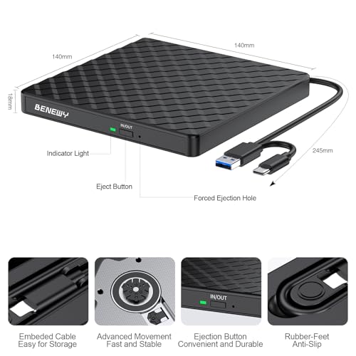 External DVD Drive USB 3.0 Type-C CD Burner Portable CD/DVD Drive DVD Player for Laptop External CD Drive CD Reader Lecteur CD Externe for PC Laptop Desktop Windows 11/10/8.1/7 Linux OS Apple Mac