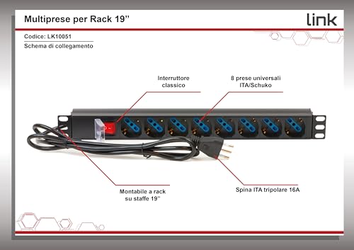 Link 19" Rack Power Strip LK10051 with 8 Universal Sockets and Switch, Italian Plug, 16A, Cable 1.75 m, Metal, Capacity 3.5 KW, Dimensions 48.5 x 4.5 x 4.5 cm. Reversible Flights