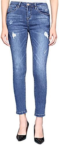 WESTREE Mid-Waisted High Elastic Ripped Holes Skinny Jeans Medium Blue , Size 14