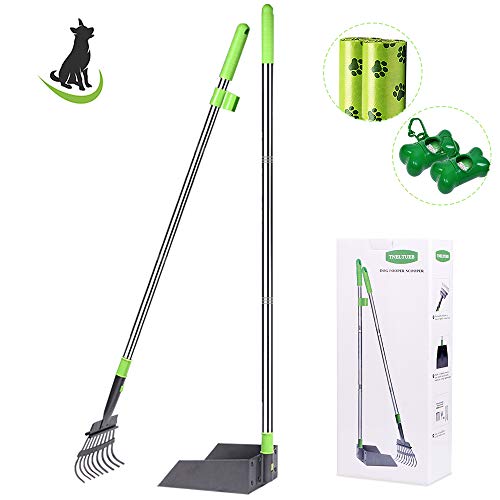 TNELTUEB Dog Pooper Scooper, Metal Pet Poop Tray & Rake - 47.2 Inches Pet Waste Removal Long Handle Bin with Rake for Dog, Green