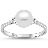 Oxford Diamond Co Sterling Silver Fresh Water Pearl & Cubic Zirconia Ring Sizes 10
