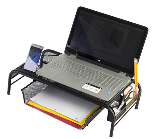 Monitor Stand Riser, Mesh Metal Desktop for Computer/Laptop TV Printer with Pull Out Drawer. New Design with Two Cellphone Slots. Two Compartments for Storage Organizer [Upgraded] by House Ur Home - Thumbnail 4