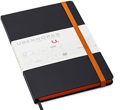 UberWorks PROTOTYPES Notebook/Bullet Journal with Durable Black Hardcover and Unique Matching Ocher Orange Elastic Closure &amp; Paper Edge, A5, 192 Pages Plain/Clear 80gr. Paper, Index, Pocket &amp; Labels
