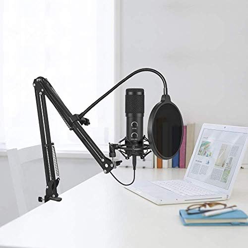 Condenser microphone attached to a microphone arm stand.
