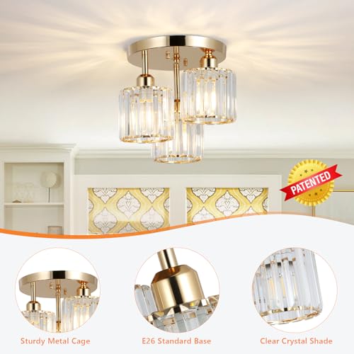 Rayofly Modern Crystal Chandelier, 3 Light Fixture with Glass Shade, Modern Ceiling Light Fixture for Living Room, Bedroom, Kitchen, Hallway, Bathroom (Matte Gold)