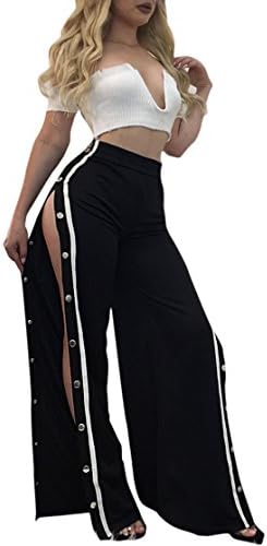 Luluka Women's High Elastic Waist Split With Snap Button Sides Wide Leg Pants US Large Black