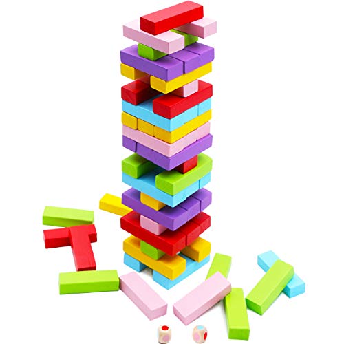 Wooden Stacking Board Games for Kids Adult and Families, Gentle Monster Wooden Blocks Toys for Toddlers, Colored Building Blocks - 54 Pieces in 6 Colors with 2 Dices