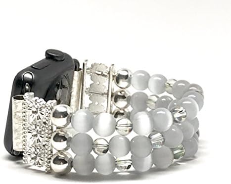 Apple Watch Replacement Band - Gray Cat's Eyes and Silver Bead jewelry bracelet (38mm Black)