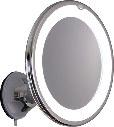 UPC 602401920590, 10X Magnifying Lighted Makeup Mirror With Chrome Finish, Locking Suction Mount And Ball Joint Swivel For Changing the Mirrors Angle (10X)