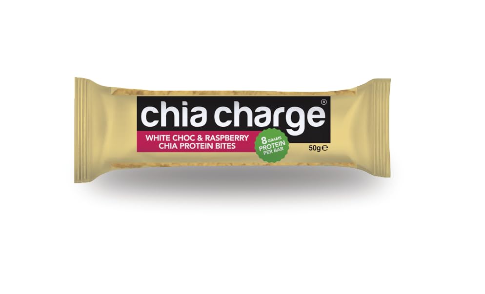 Protein Bites – 8g Chia Protein – 12 Pack 50g Bars – Palm Oil Free – Made in the UK (White Chocolate and Raspberry)