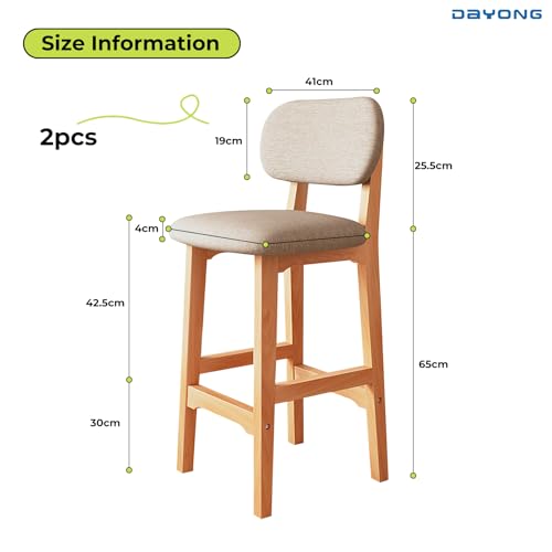 DAYONG Wooden Bar Chairs Set of 2, Bar Stools with Back Upholstered,Modern and Simple High Bar Stools, Chairs For Home Kitchen Restaurant Counter (Light Khaki, 65CM - 2Pcs)