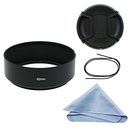 SIOTI Camera Standard Focus Metal Lens Hood + Cleaning Cloth + Lens Cap for Nikon Canon Sony Fuji Pentax Sumsung Leica Standard Thread Lens (62mm)