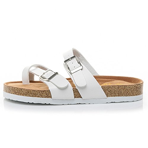 Kauneus  Women's Toe Ring Cork Sandal/Classic Ladies Sandal/Flat Footed Dual Adjustable Buckle/Breathable Open Toe Slide White - Thumbnail 3