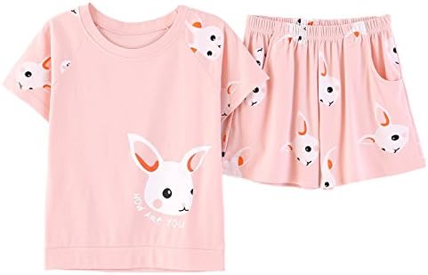 Jashe Big Girls Summer Cotton Pajamas Set Pink Bunnies Shorts Sleepwear for Teens Size 12 14 16 18