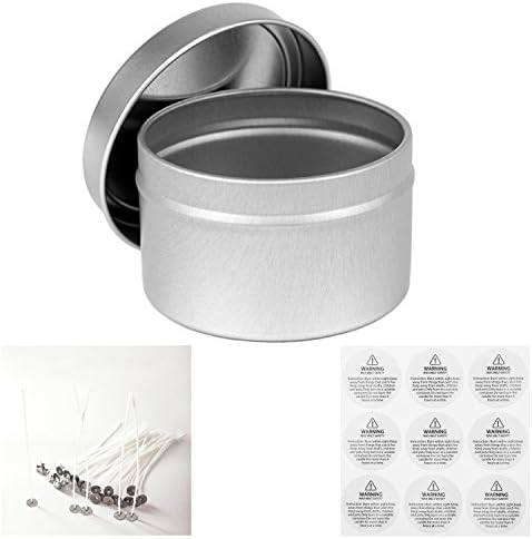 Candle Making Bundle includes (12) Candle Tins 6oz, (12) Natural 100% Cotton Core Low Smoke 6" Candle Wicks and 12 Warning Label Stickers