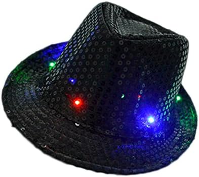 STRESS SPINNER Unisex Adult Children LED Flashing Party Glitter Blinking Sequins Jazz Hats Cap Light Up Costume Accessory (Adult, Black)