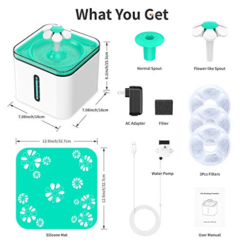 HONGDAK Pet Fountain, 84oz/2.5L Automatic Cat Water Fountain, Dog Water Dispenser with 3 Replacement Filters and 1 Silicone Mat for Cats, Dogs and Multiple Pets