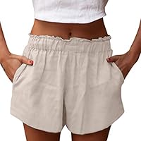 Pviolet Women Shorts Pants Casual Loose Cotton Girls Solid Color Wear Pant Comfy Lounge with Pockets Drawstring Beige