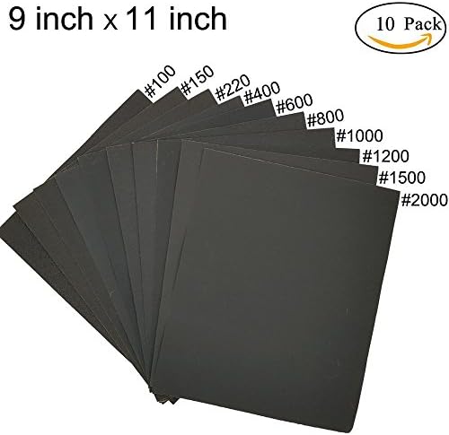 10 PCS Wet Dry Sandpaper ,Assortment 100 to 2000 Grit Sandpaper for Wood Furniture Finishing, Metal Sanding and Automotive Polishing , 9 x 11 Inch