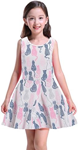 Girl's Dress, Cute Cat Printed Dress Sleeveless A-line Swing Party Dress with Pockets,L