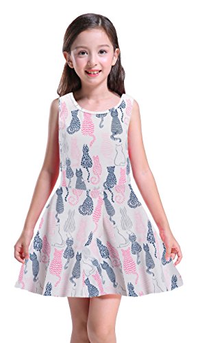 Girl's Dress, Cute Cat Printed Dress Sleeveless A-line Swing Party Dress with Pockets,L