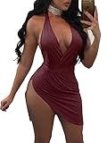 TOB Women's Sexy Halter Backless V Neck Side Slit Mini Club Dress