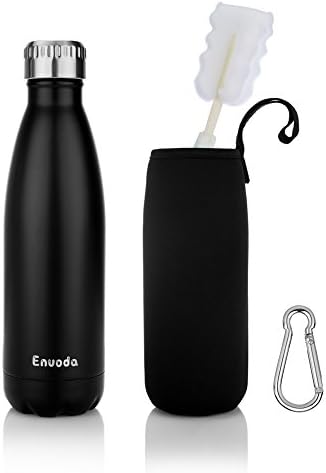 ENUODA Vacuum Insulated Bottle Double Walled Stainless Steel Water Bottle Keeps Drinks 24 Hours Cold & 12 Hot,Vacuum Flask with Brush,Carrier Bag and Carabiner Clip - BPA Free (Black, 500ml/17oz)