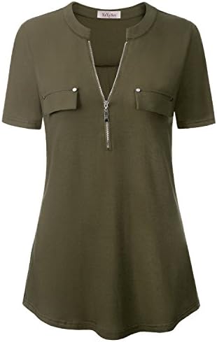 YaYa Bay Work Blouse, Vintage Military Green Medium Deep V Neck Short Blouses for Leggings High Waist Soft Knit Cotton Plain Zip up Maternity Casual Blouse Shirt 2018