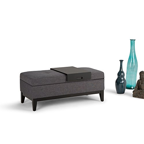 Simpli Home Oregon Rectangular Storage Ottoman Bench with Tray, Slate Grey