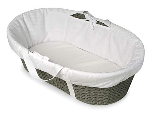 Badger Basket Wicker-Look Woven Baby Moses Basket with Bedding, Sheet, and Pad, Gray/White