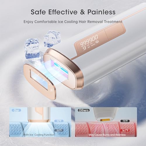Laser Hair Removal Device with Ice Cooling, 9 Energy Levels IPL Hair Removal, 999,900 Flash Lazer Hair Removal for Women and Men Painless Bikini Line Leg Armpit Full Body Use, White