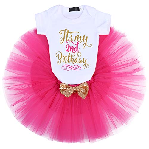 IBTOM CASTLE Baby Girl It's My 1st/2nd Birthday Cake Smash 3Pcs Shinny Sequin Bow Romper+Tutu Skirt+Headband+Leg Warmer Outfit Hot Pink(2 Years)(3pcs) One Size