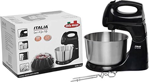 ITALIA IHMB-7909 300 Watts, 4-Ltr, 6 Speed Stand Hand Mixer Blender with Bowl (Black)
