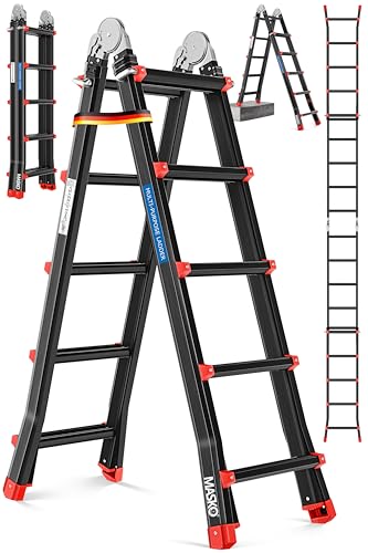 MASKO Aluminium 6in1 Mehrzweckleiter – 20 Sprossen | - 520 cm | 150 Kg, ausziehbar, rutschfest, Multifunktional, Gelenkleiter, Anlegeleiter, Klappleit
