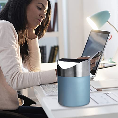 LOVEINUSA Countertop Trash Can with Swing Lid, 1.5L Mini Table Trash Can Brushed Stainless Steel Garbage Bin Light Blue for Office Bar Kitchen Bathroom