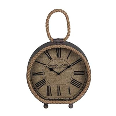 Benjara Round Metal Table Clock with Rope Edges and Handle, Gray and Brown 41kR1u1 XGL. SS400