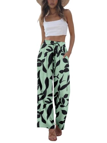 Magritta Plus Size Flowy Wide Leg Pants for Women Breathable Casual Trousers Green Black Leaf Print Pants with Pockets for Spring Outings XL at Amazon