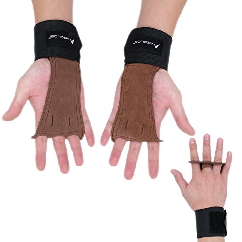 AEOLOS 3 Hole Leather Gymnastics Hand Grips with Wrist Wraps and Carry Bag, Small, Brown