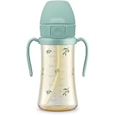 GROSMIMI PPSU Baby Straw Cup Stage 2, 12M+ Spill-Proof, 10oz (Olive) | Flip-Top | Babies &amp; Toddlers 12+ Months | Removable Rotating Handles | Silicone Straw | BPA-Free Sippy Cup | 300ml