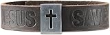 Jesus Saves Metal Cutout Cross Kerusso Brown Leather Bracelet